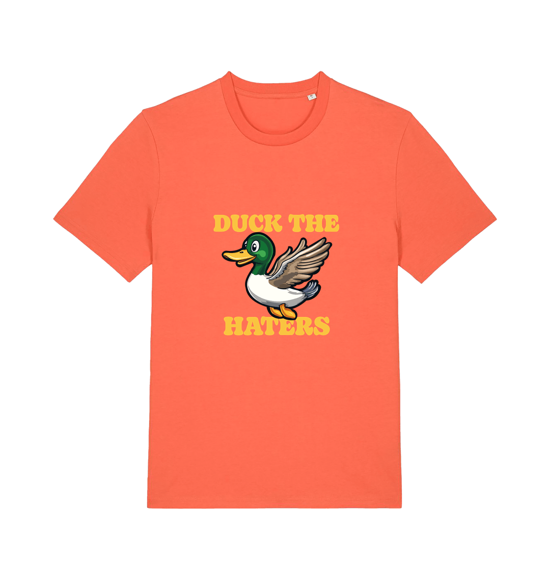 orange funny offensive t-shirt with the graphic of a flying duck and the slogan 'duck the haters'