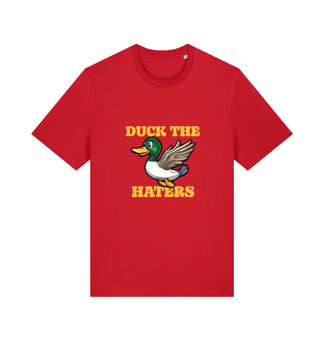 red funny offensive t-shirt with the graphic of a flying duck and the slogan 'duck the haters'