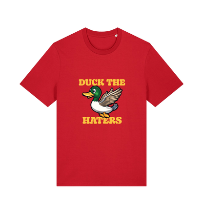 red funny offensive t-shirt with the graphic of a flying duck and the slogan 'duck the haters'