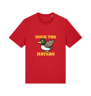 red funny offensive t-shirt with the graphic of a flying duck and the slogan 'duck the haters'