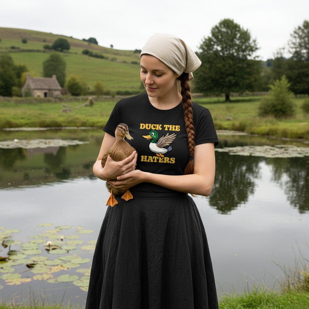 Woman holding a duck wearing a t-shirt with a duck graphic, standing by a pond with a scenic background.