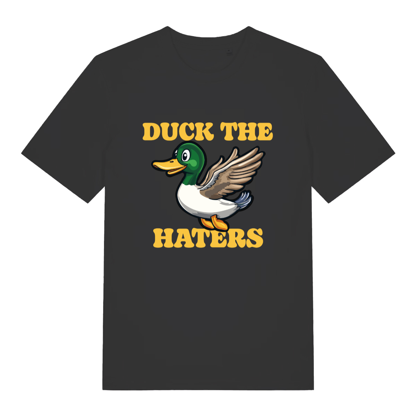 Black women's Duck The Haters T-shirt flat lay with flying mallard duck funny pun graphic