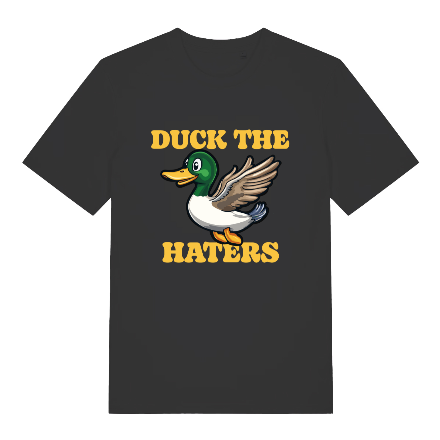 Black women's Duck The Haters T-shirt flat lay with flying mallard duck funny pun graphic