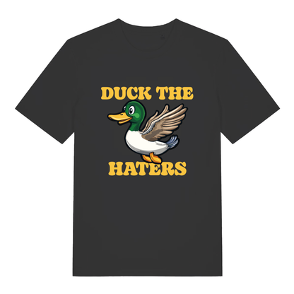 Black women's Duck The Haters T-shirt flat lay with flying mallard duck funny pun graphic