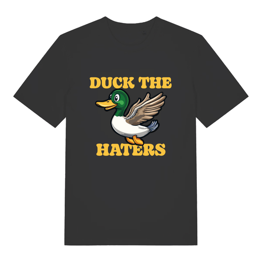 Black women's Duck The Haters T-shirt flat lay with flying mallard duck funny pun graphic