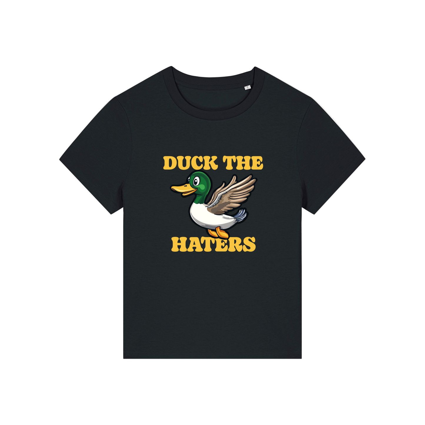 black funny animal t-shirt with the graphic of a duck and the slogan 'duck the haters'