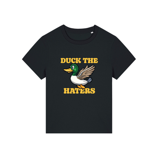 black funny animal t-shirt with the graphic of a duck and the slogan 'duck the haters'