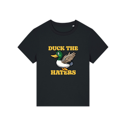 black funny animal t-shirt with the graphic of a duck and the slogan 'duck the haters'