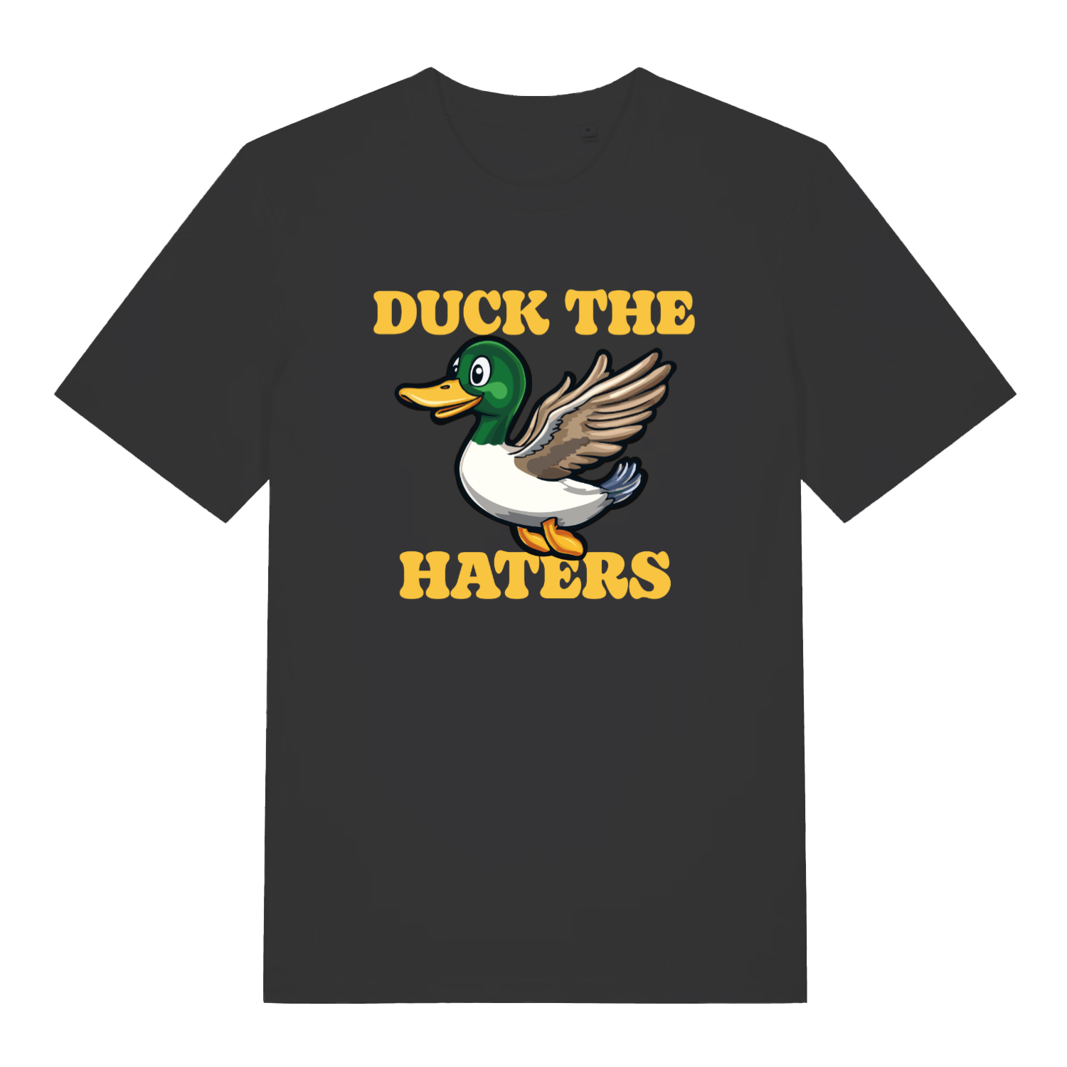 black women's funny animal t-shirt with a duck design and the slogan 'duck the haters'