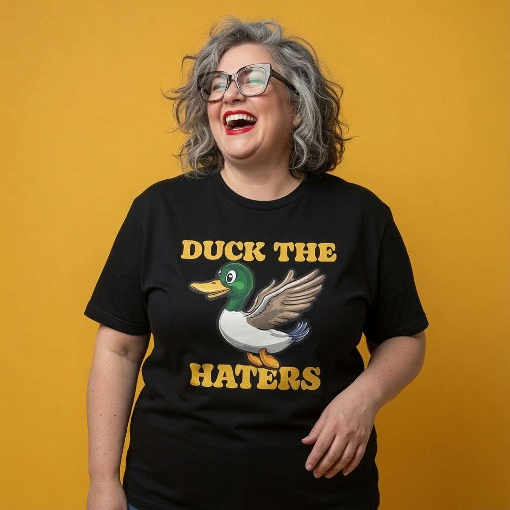 Woman laughing with one hand on her hip in a black Duck The Haters t-shirt, funny ladies duck pun shirt that every no-nonsense lady will claim