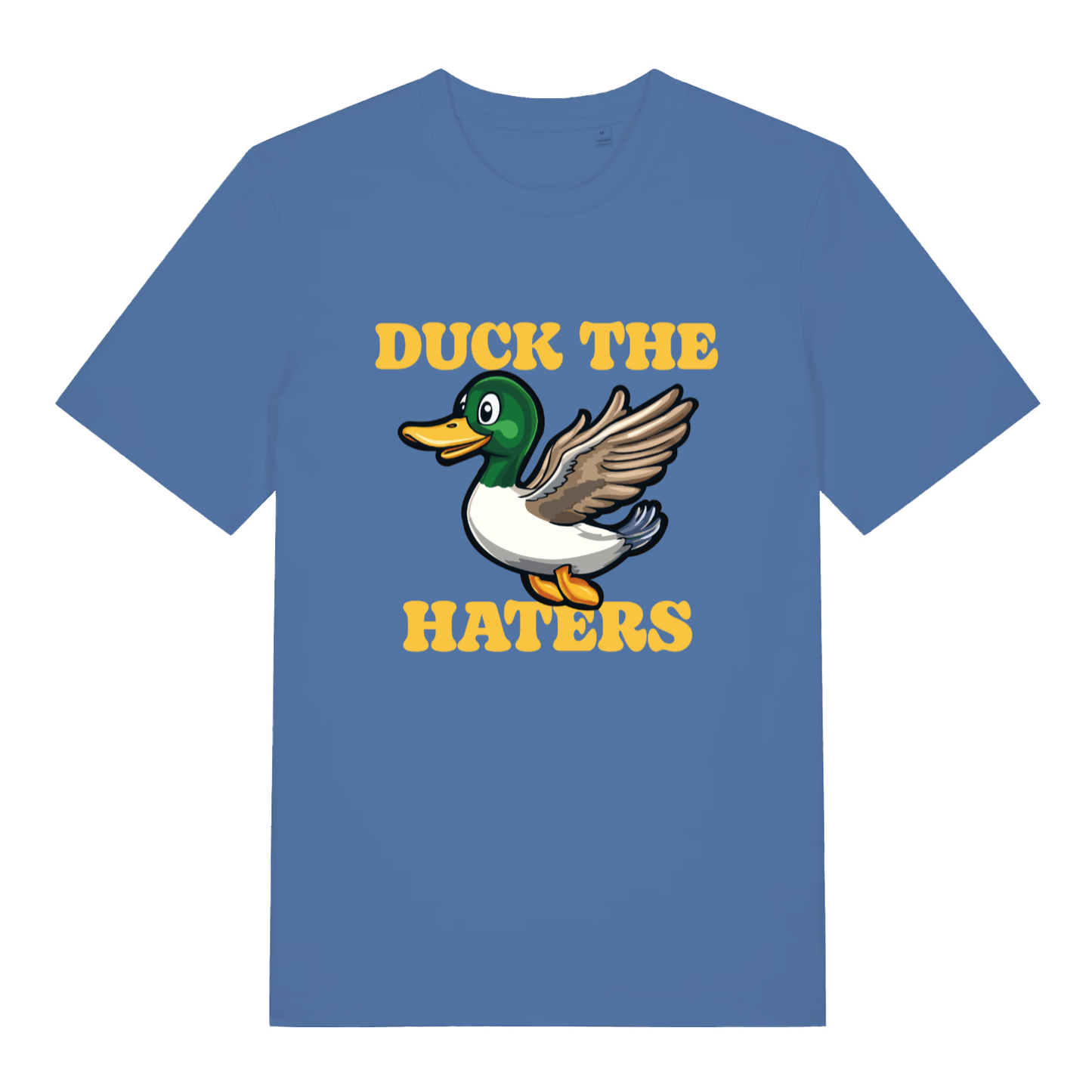 Blue women's Duck The Haters T-shirt flat lay featuring cute duck "Duck The Haters" design
