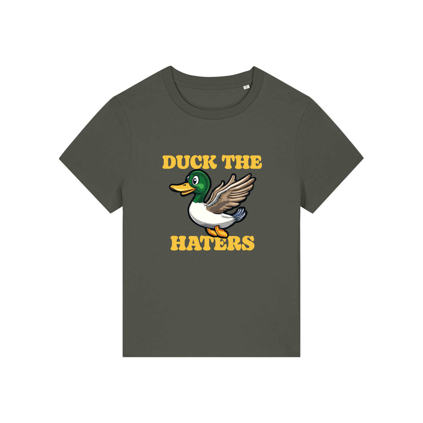khaki funny animal t-shirt with the graphic of a duck and the slogan 'duck the haters'