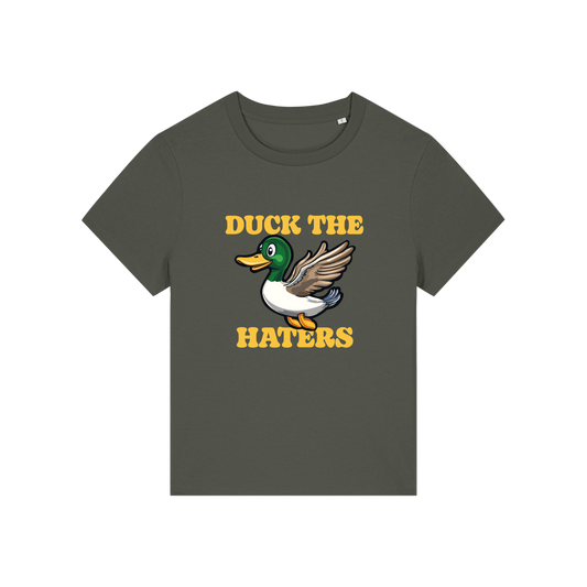 khaki funny animal t-shirt with the graphic of a duck and the slogan 'duck the haters'