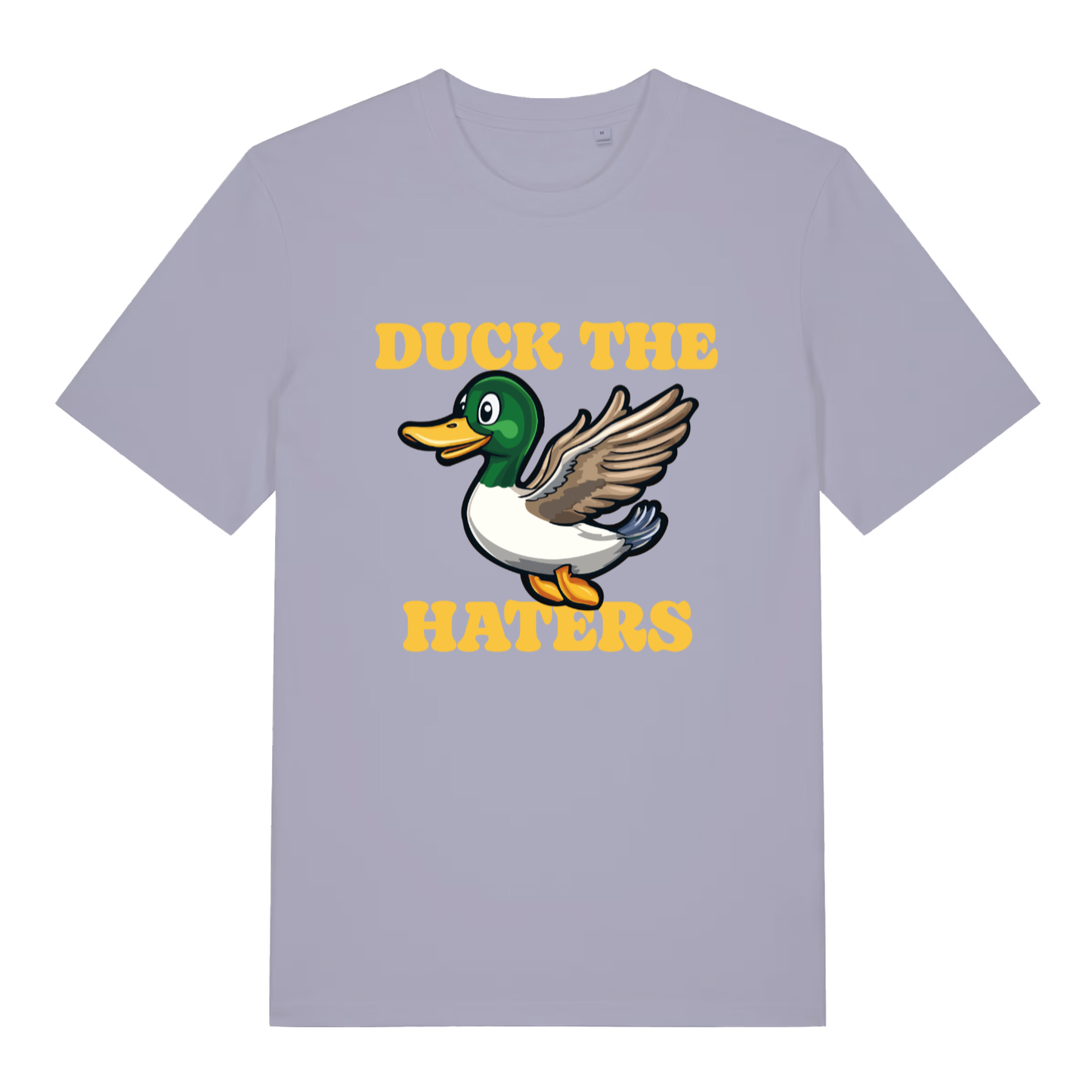 Lavender women's Duck The Haters T-shirt flat lay showing bold yellow duck anti-hater illustration