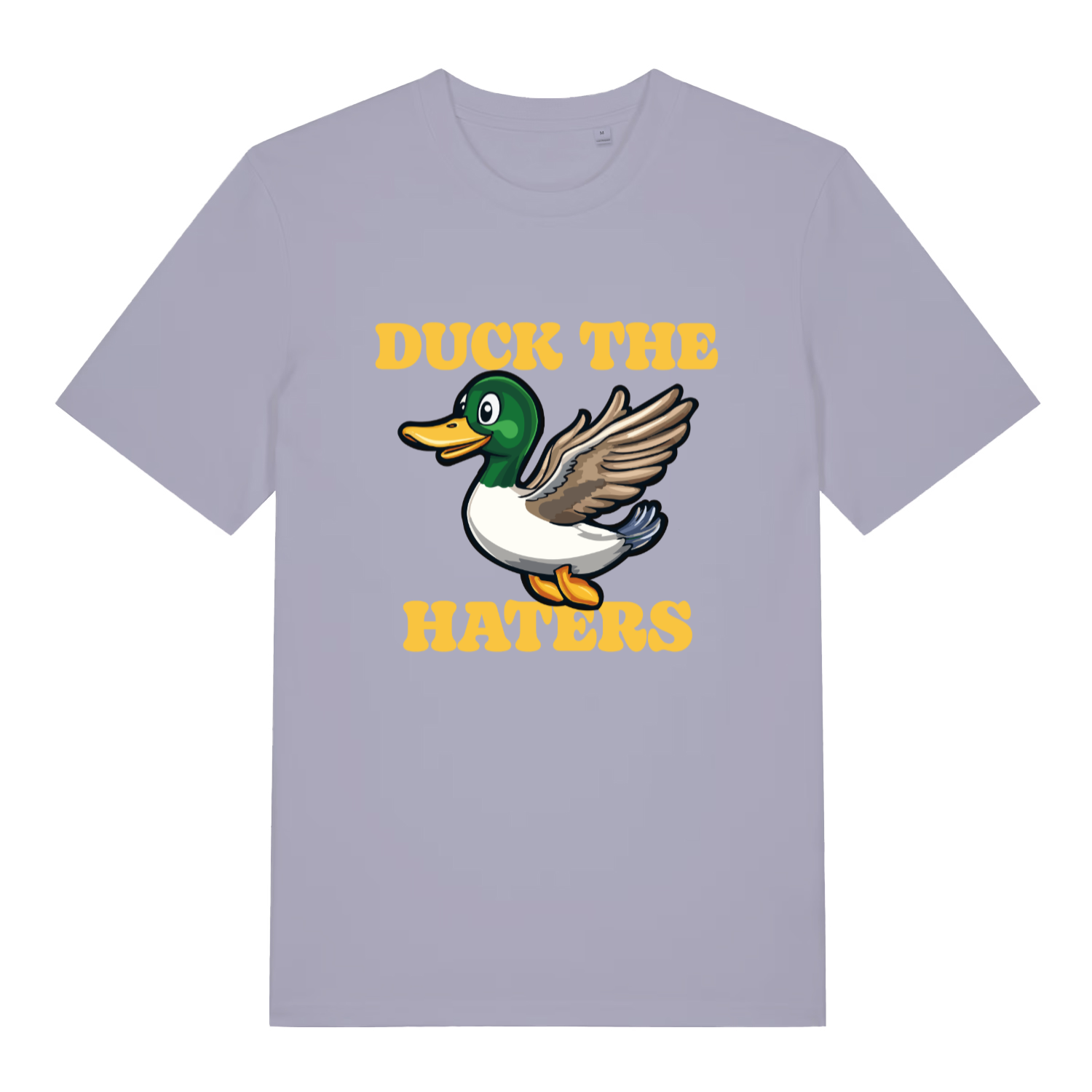 Lavender women's Duck The Haters T-shirt flat lay showing bold yellow duck anti-hater illustration