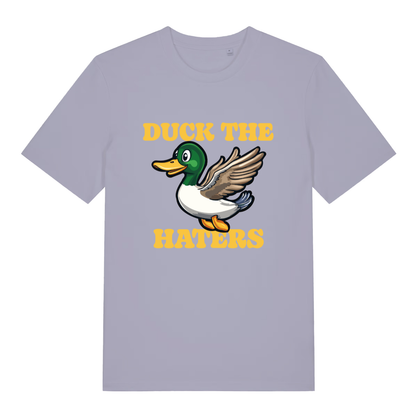 Lavender women's Duck The Haters T-shirt flat lay showing bold yellow duck anti-hater illustration