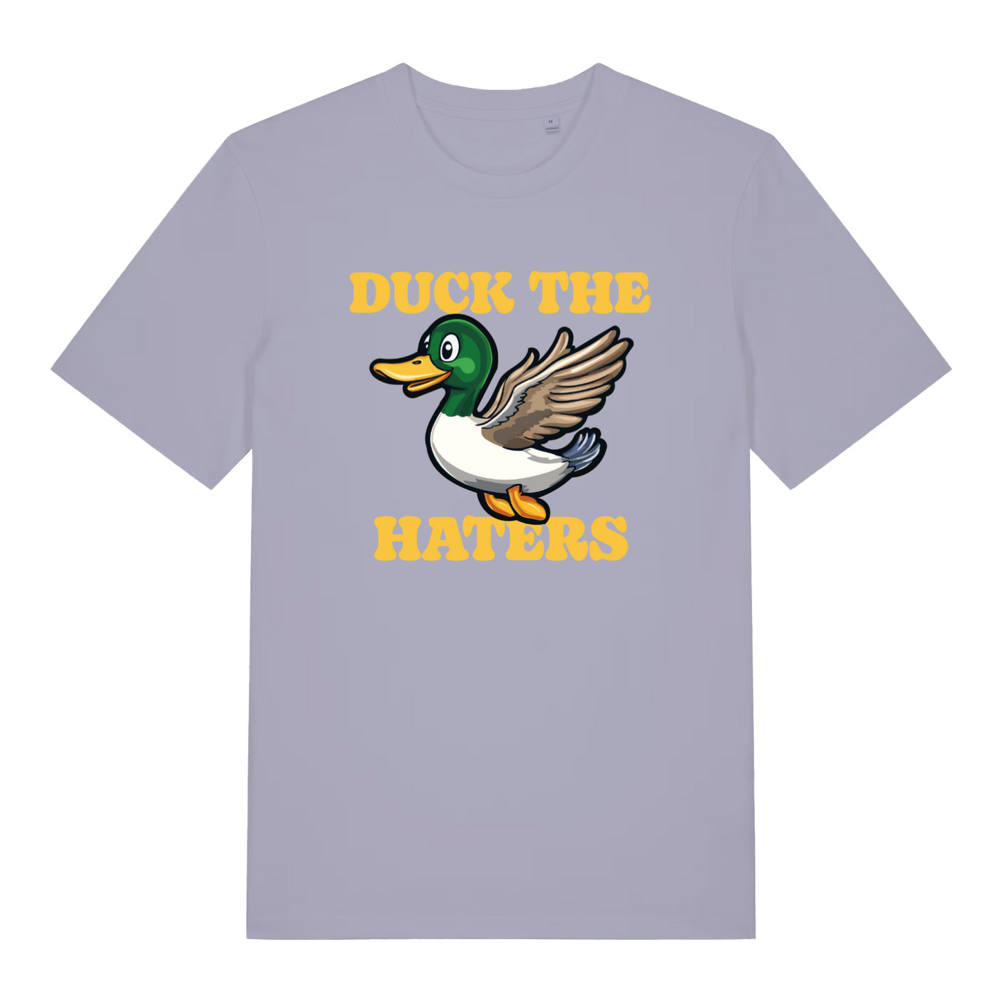 lavender women's funny animal t-shirt with a duck design and the slogan 'duck the haters'