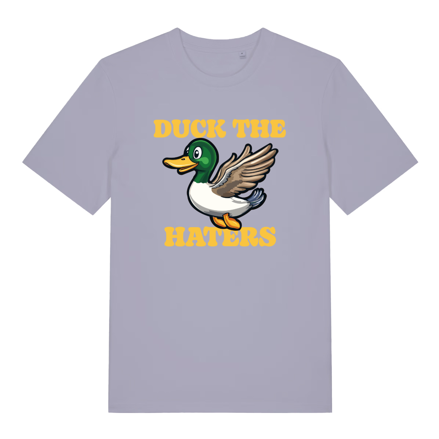 lavender women's funny animal t-shirt with a duck design and the slogan 'duck the haters'