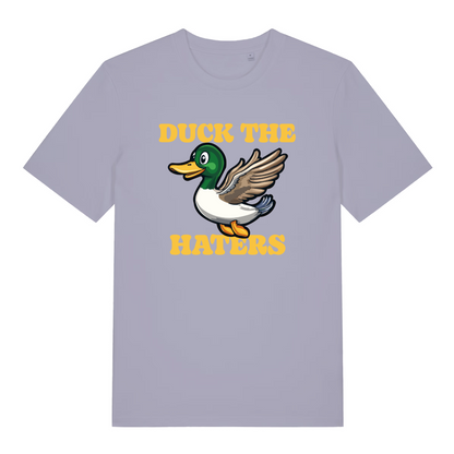 lavender women's funny animal t-shirt with a duck design and the slogan 'duck the haters'