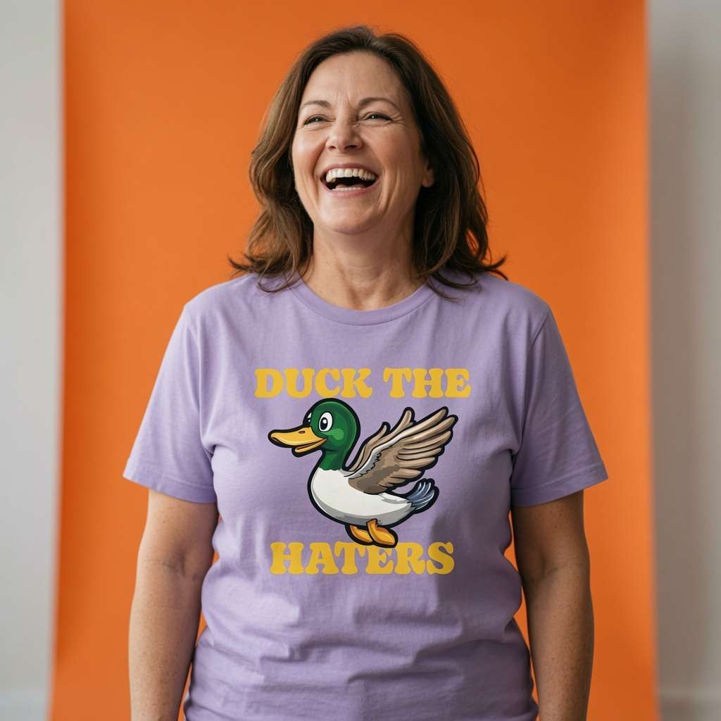Woman laughing with head tilted back while wearing a lavender Duck The Haters t-shirt, funny ladies duck pun graphic design full of pure attitude