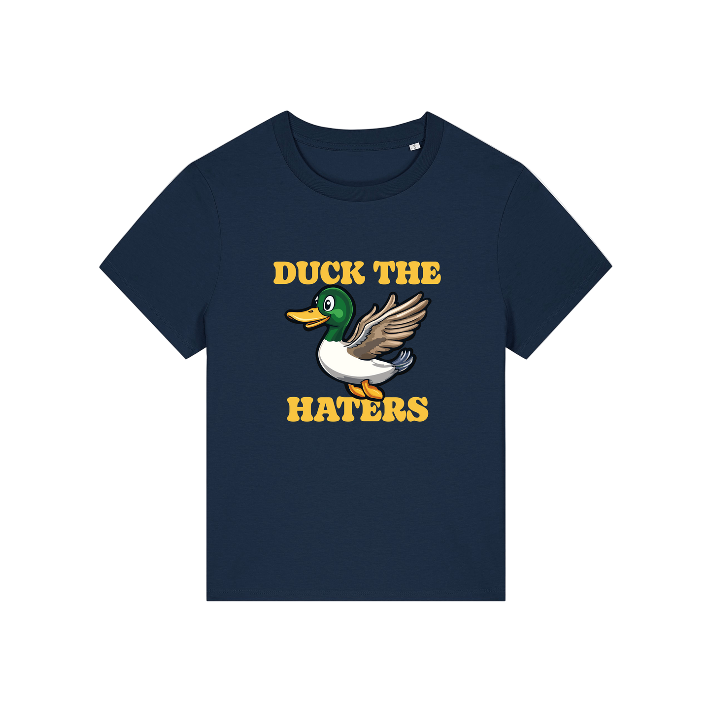 navy funny animal t-shirt with the graphic of a duck and the slogan 'duck the haters'