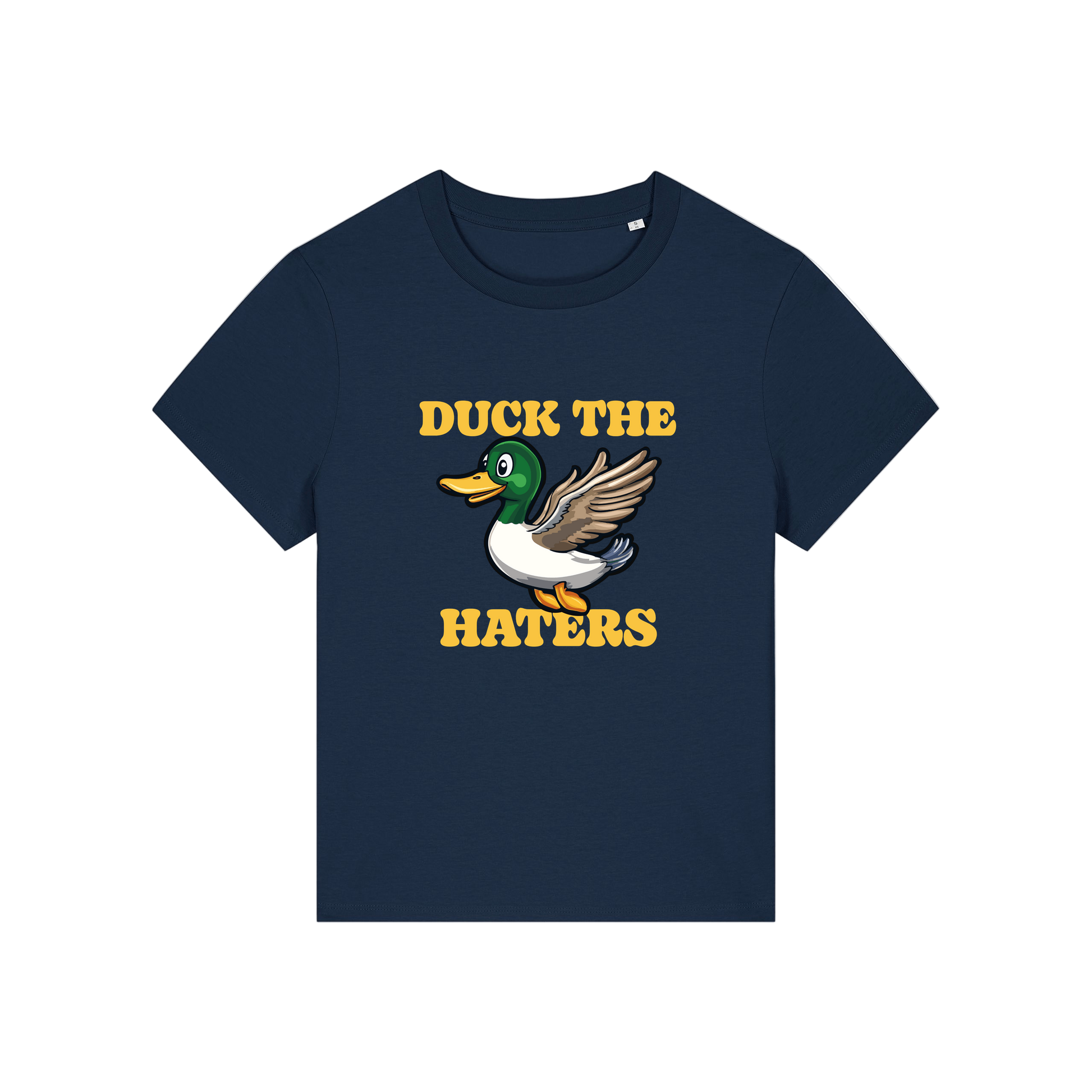 navy funny animal t-shirt with the graphic of a duck and the slogan 'duck the haters'
