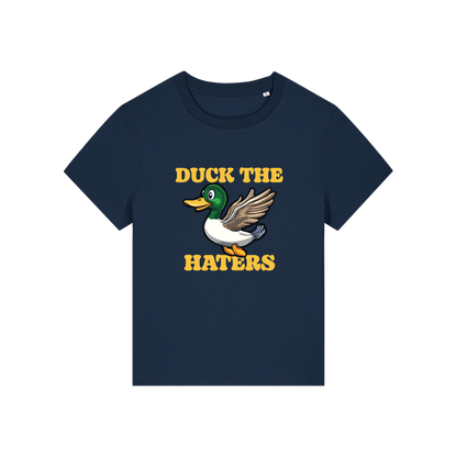 navy funny animal t-shirt with the graphic of a duck and the slogan 'duck the haters'