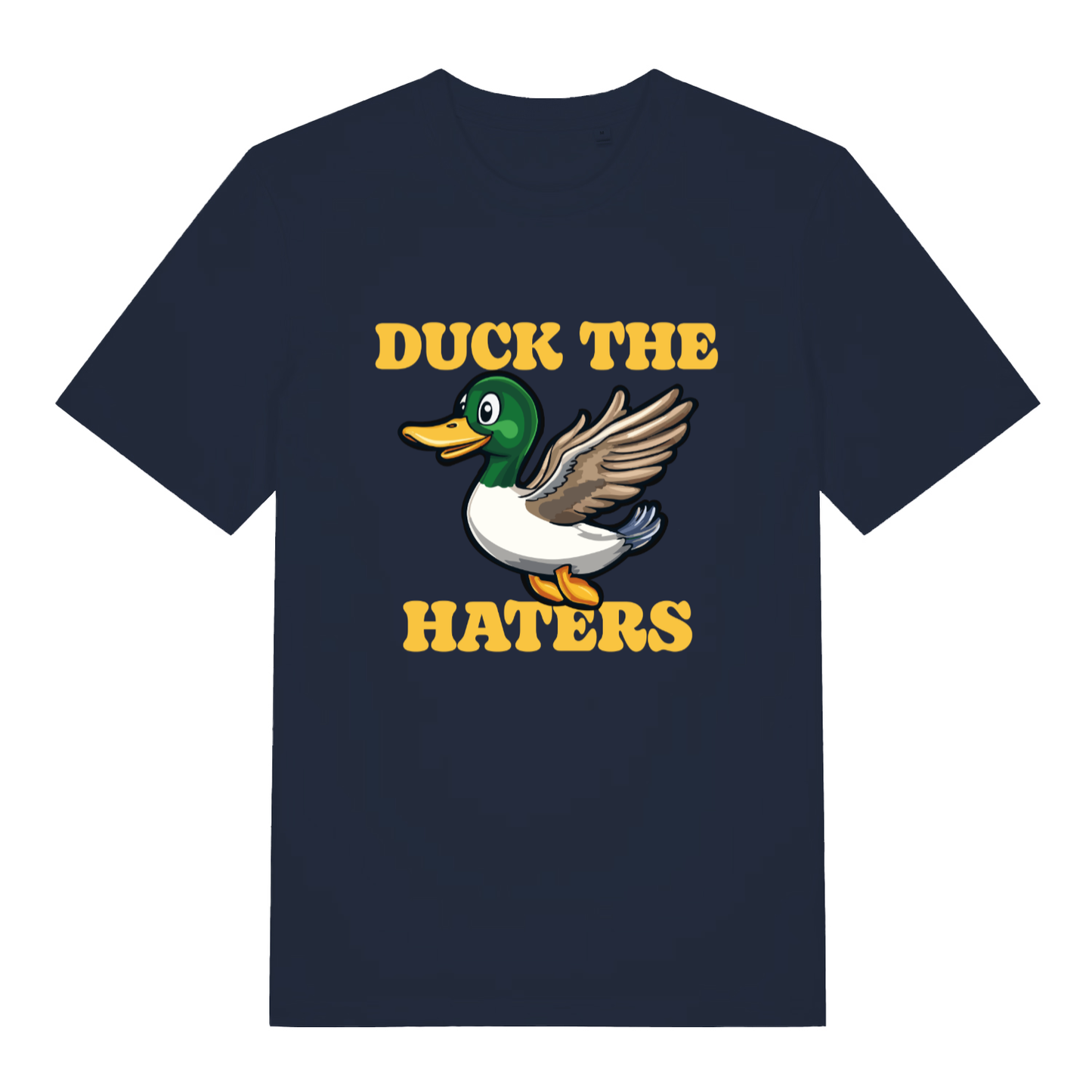 Navy women's Duck The Haters T-shirt flat lay with playful duck graphic slogan