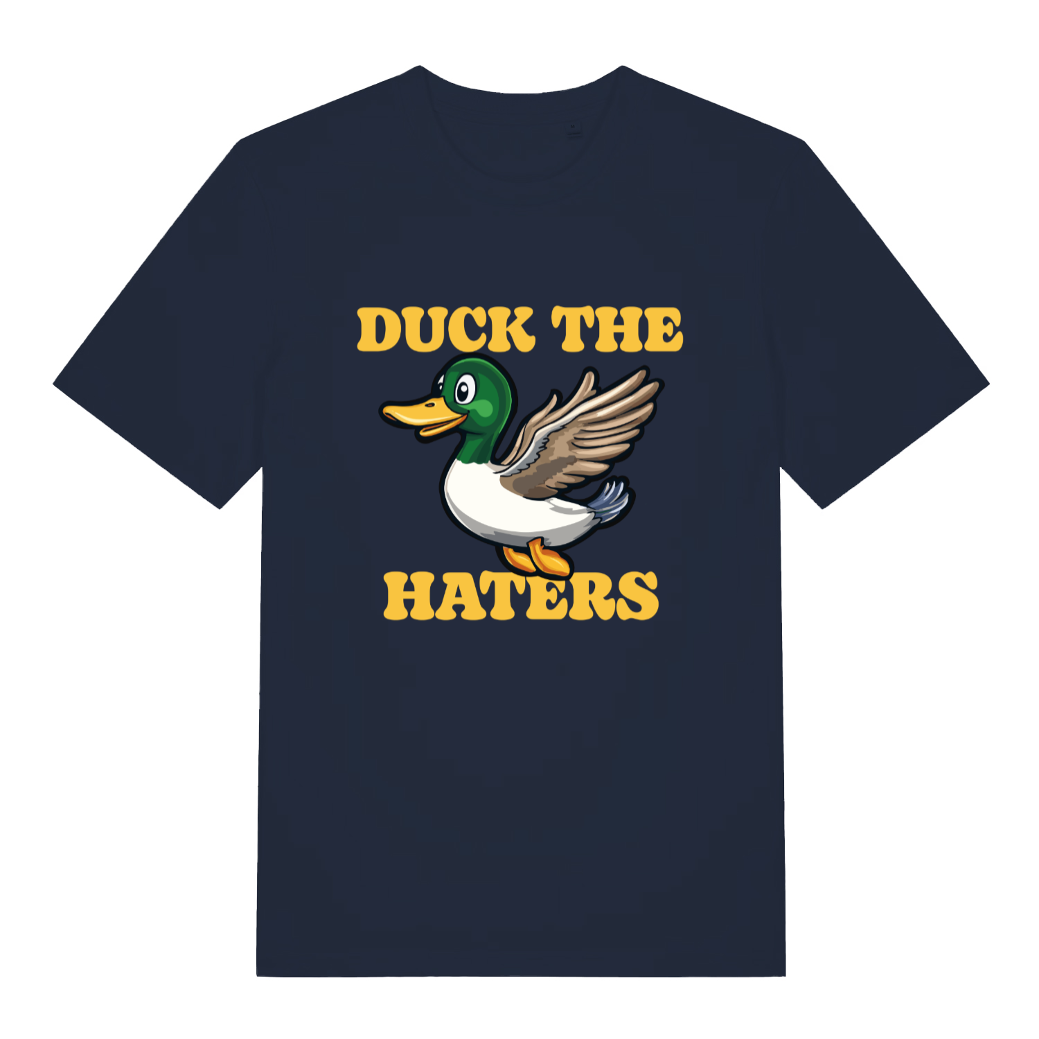 Navy women's Duck The Haters T-shirt flat lay with playful duck graphic slogan