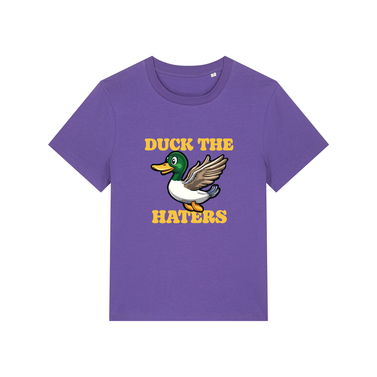 purple funny animal t-shirt with the graphic of a duck and the slogan 'duck the haters'