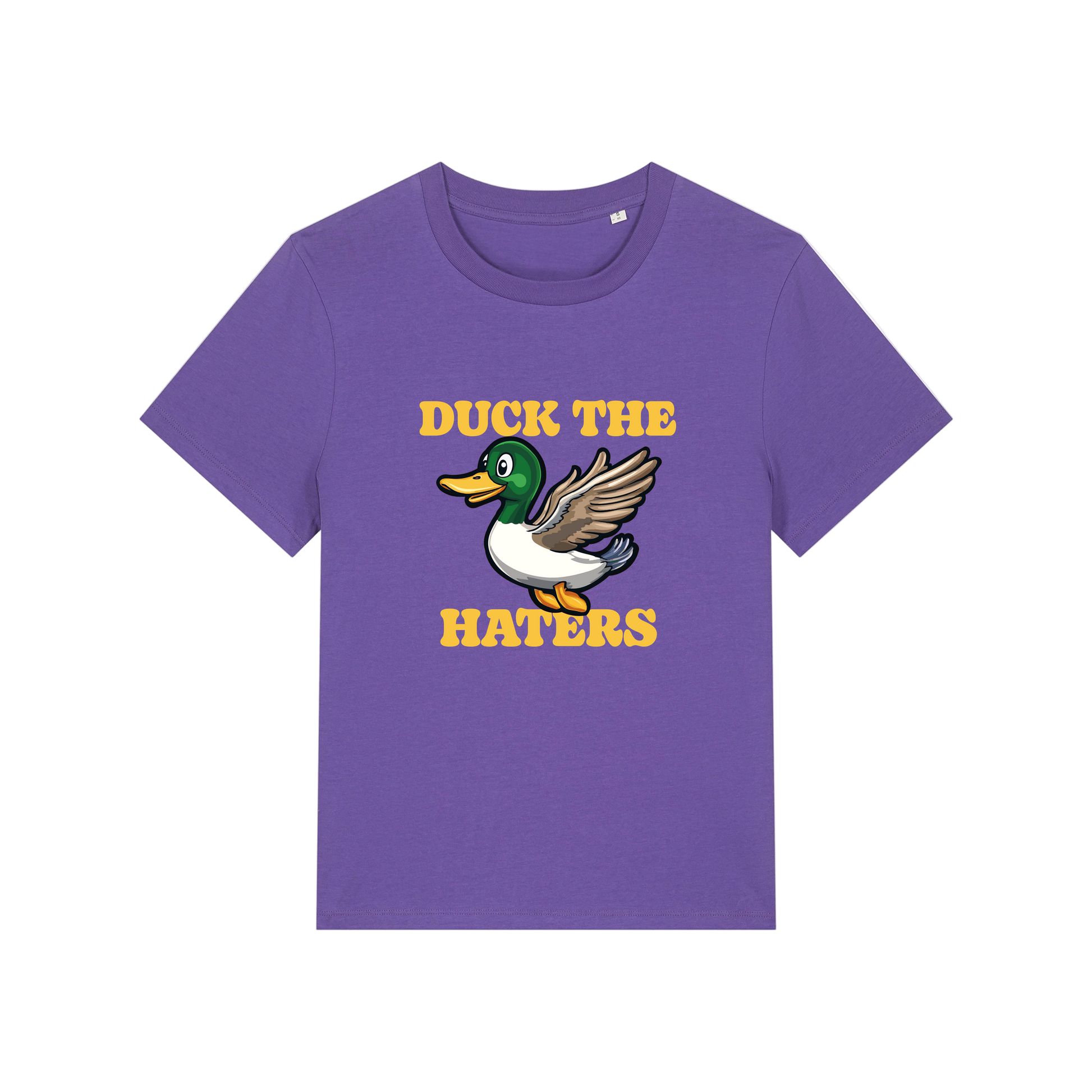 purple funny animal t-shirt with the graphic of a duck and the slogan 'duck the haters'