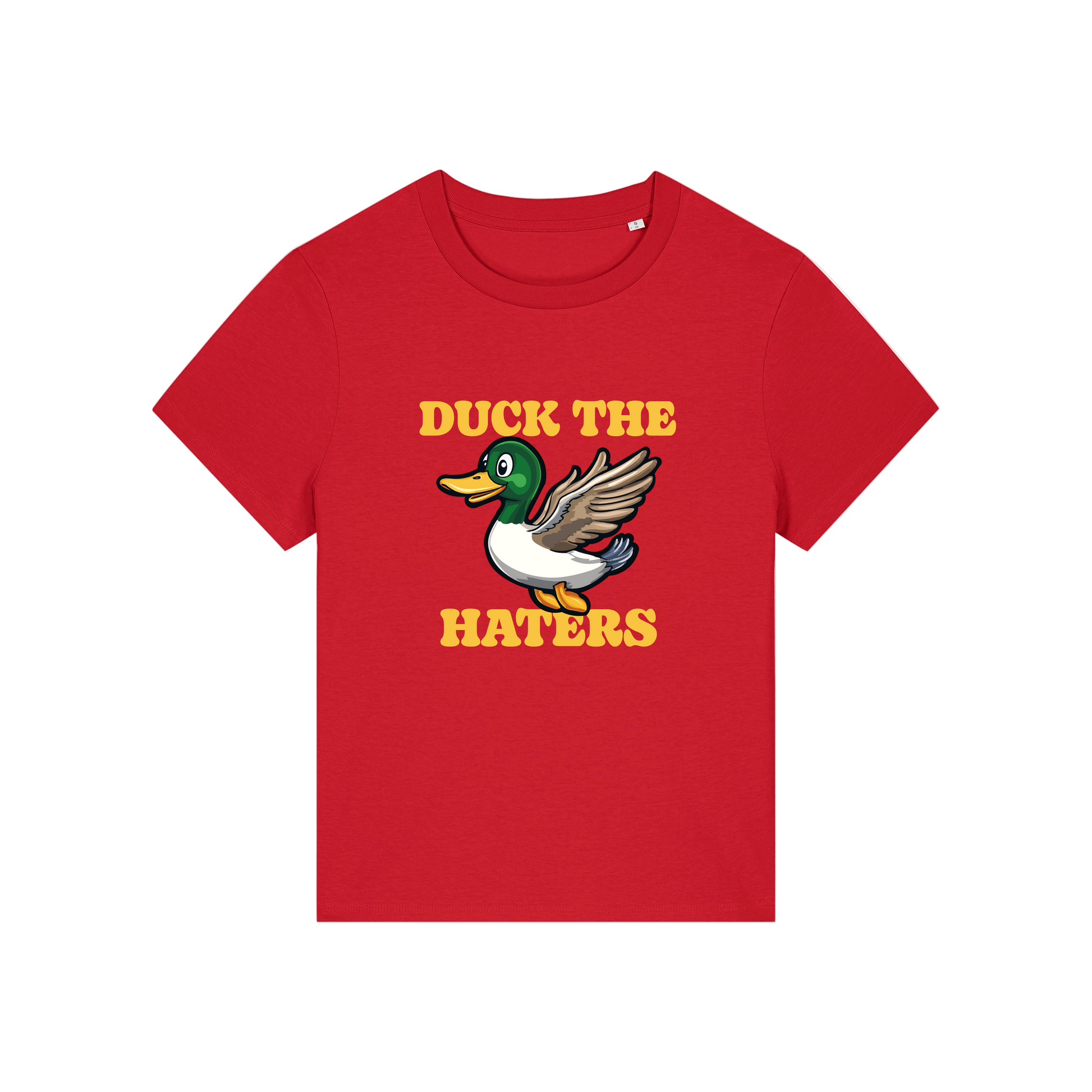red funny animal t-shirt with the graphic of a duck and the slogan 'duck the haters'