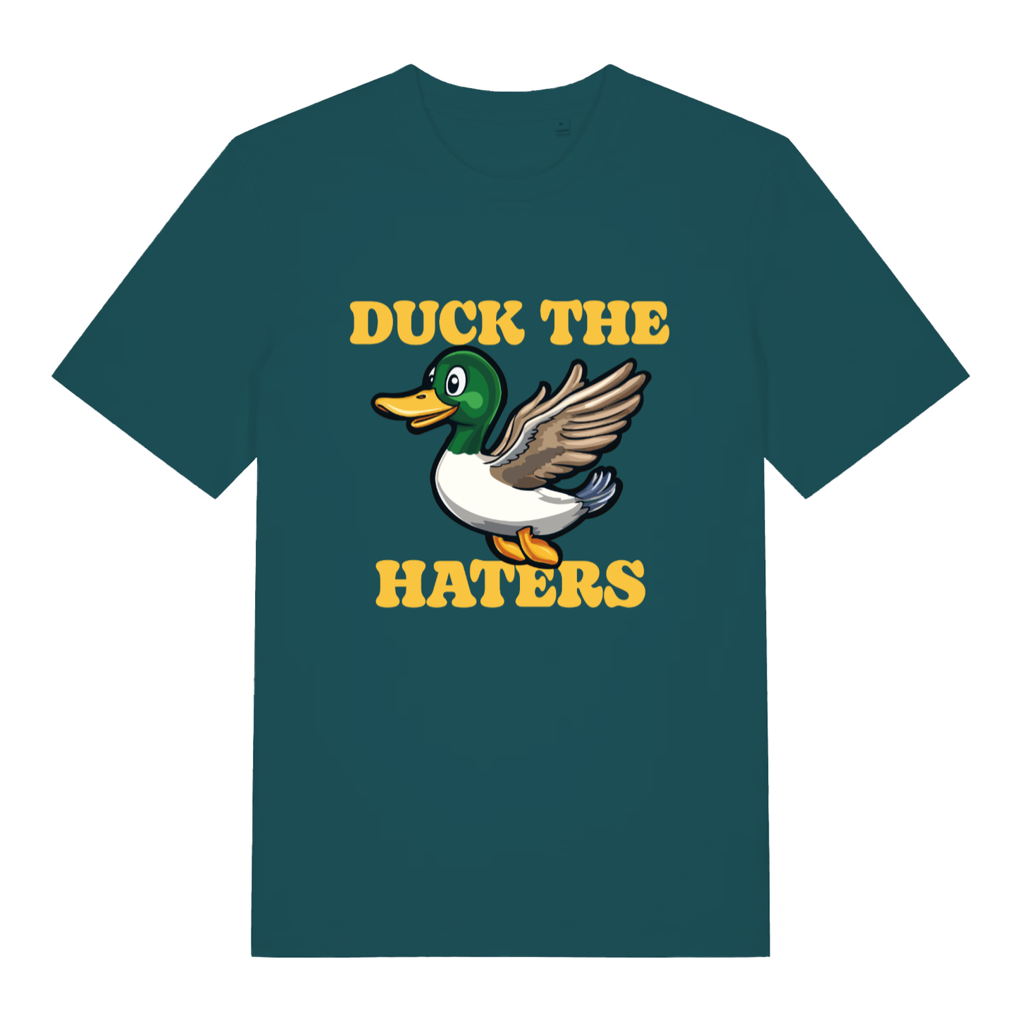 Stargazer women's Duck The Haters T-shirt flat lay displaying cheeky flying duck pun artwork