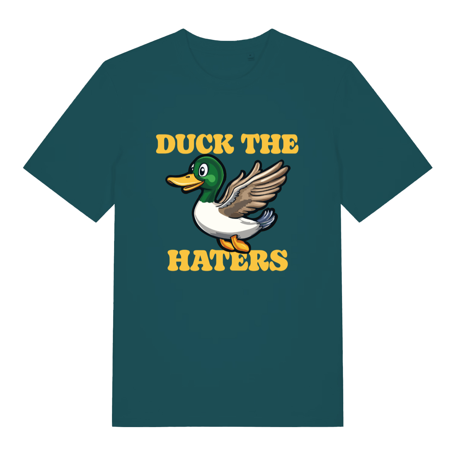 Stargazer women's Duck The Haters T-shirt flat lay displaying cheeky flying duck pun artwork