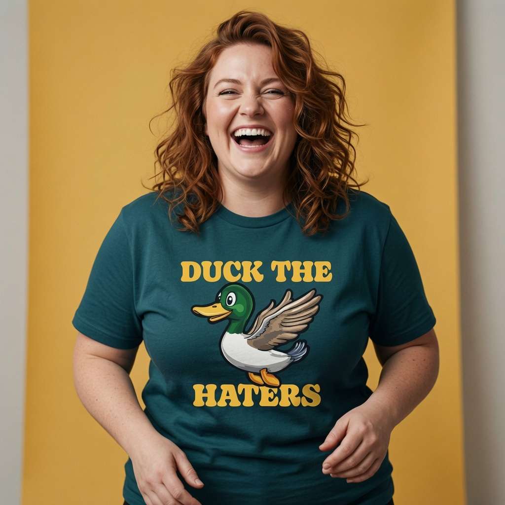 Woman laughing with both hands near her waist while wearing a stargazer Duck The Haters t-shirt featuring a cartoon mallard duck, funny ladies duck graphic design full of pure attitude