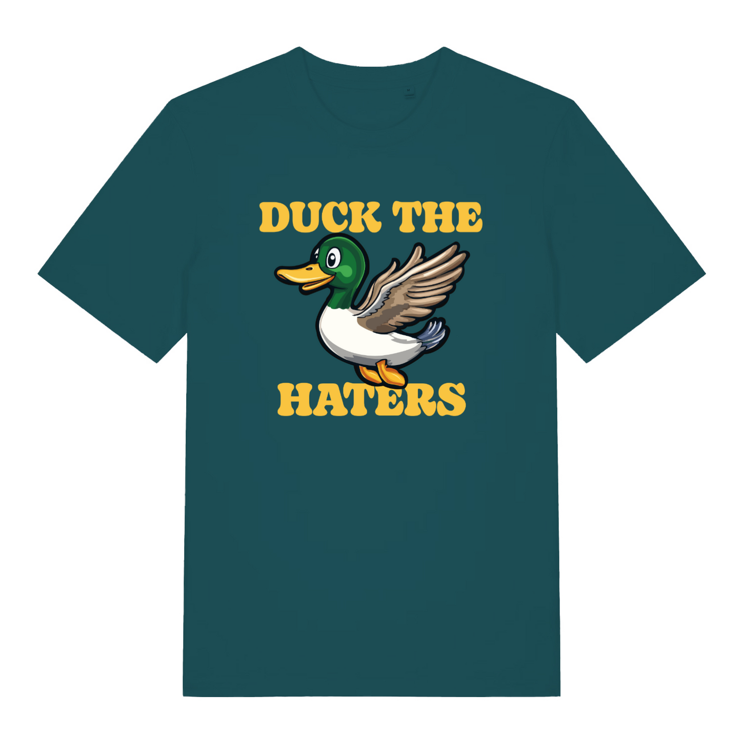 teal women's funny animal t-shirt with a duck design and the slogan 'duck the haters'