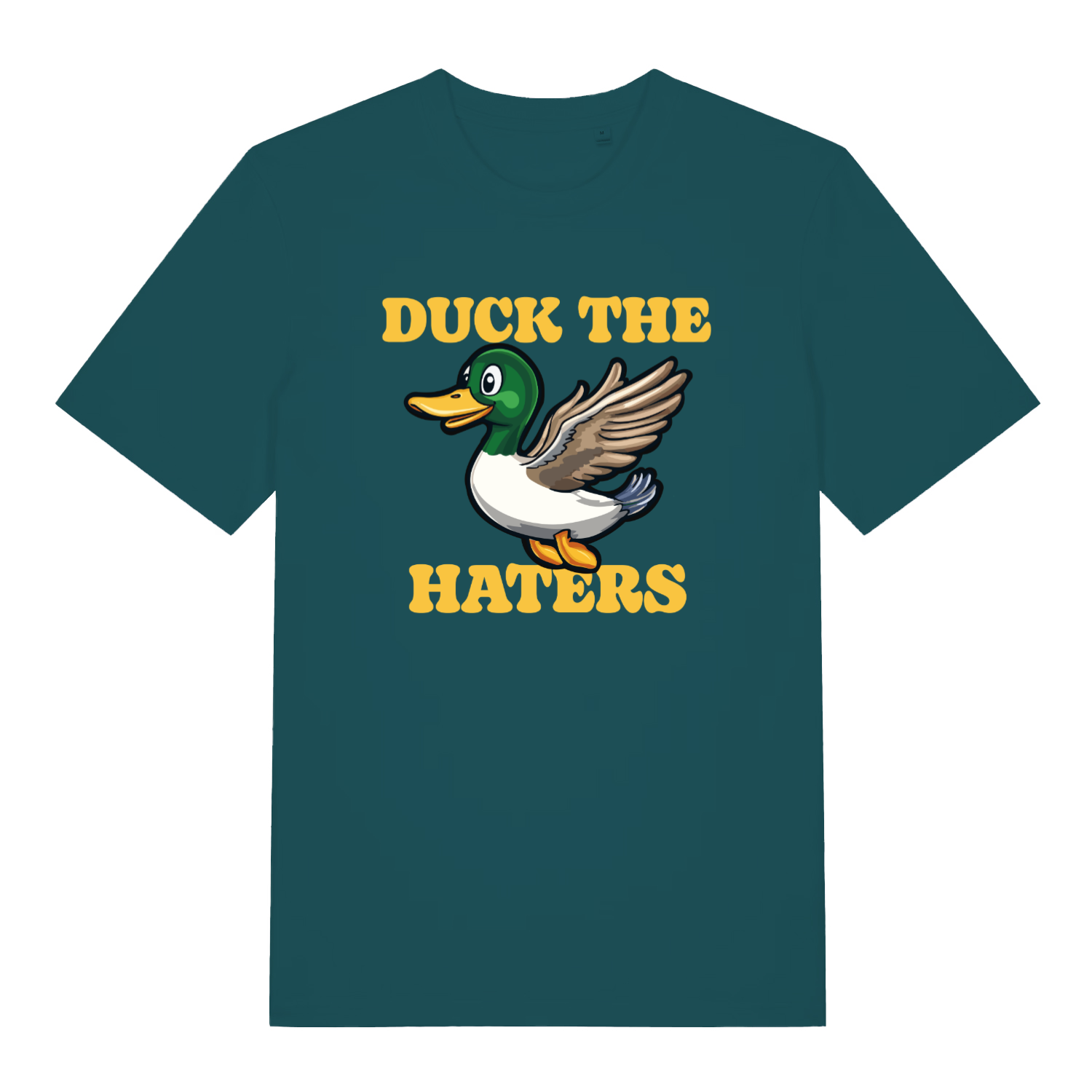 teal women's funny animal t-shirt with a duck design and the slogan 'duck the haters'