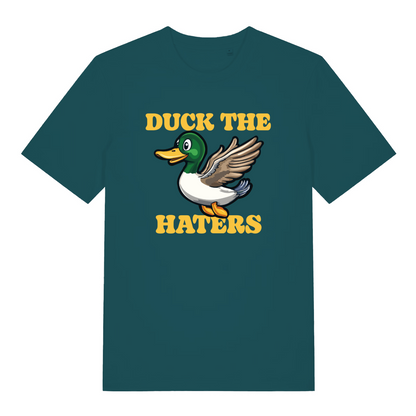 teal women's funny animal t-shirt with a duck design and the slogan 'duck the haters'