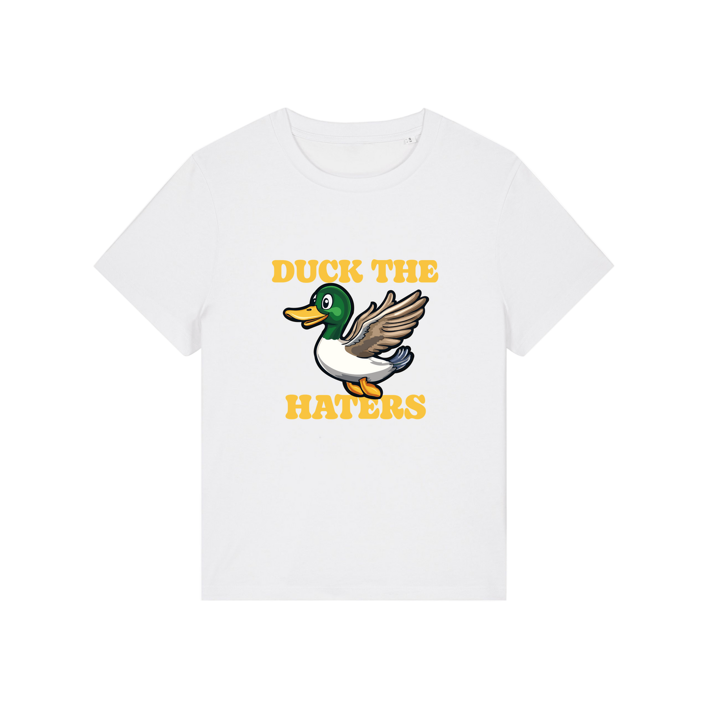 white funny animal t-shirt with the graphic of a duck and the slogan 'duck the haters'