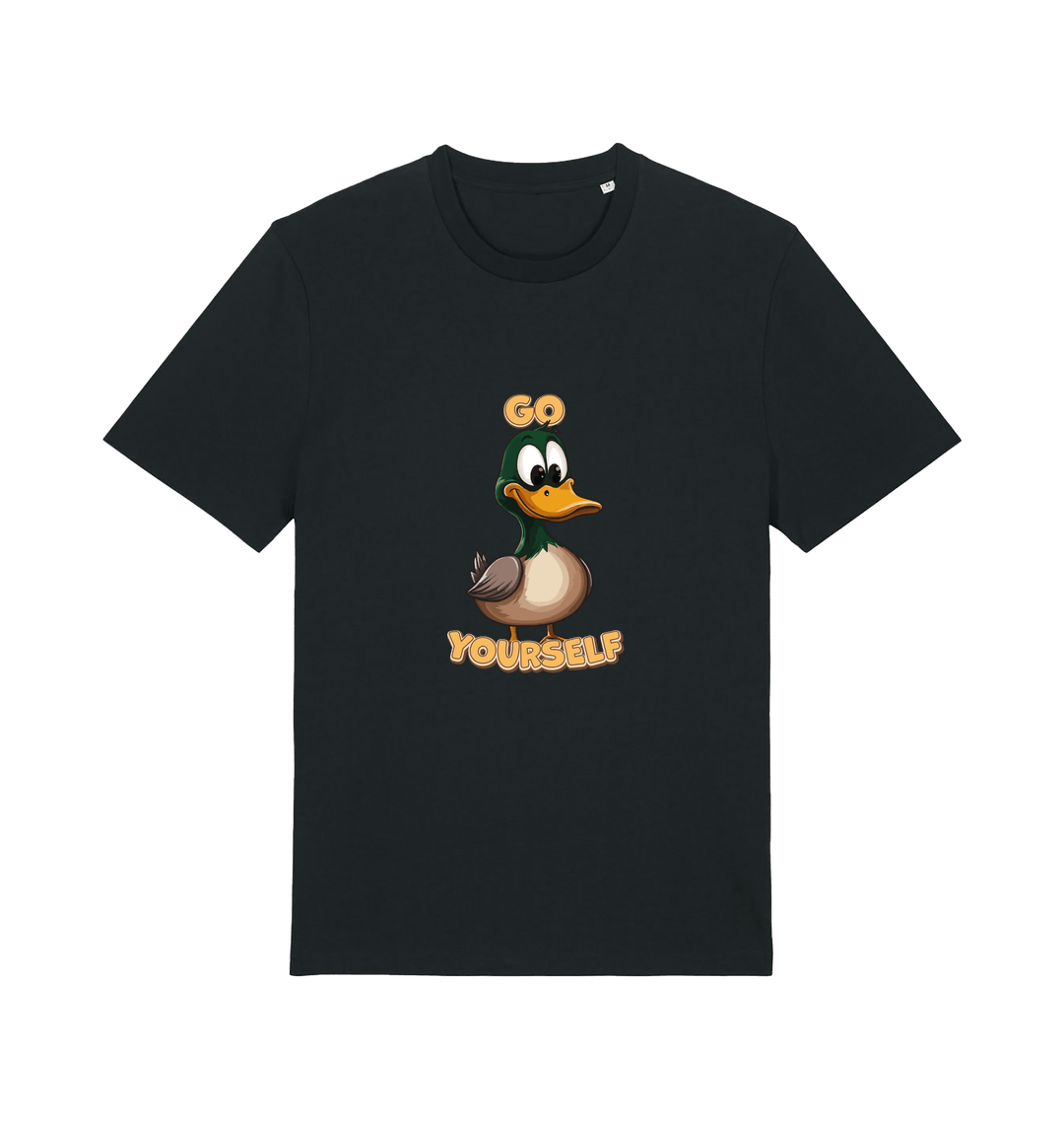 black funny offensive t-shirt with the graphic of a cartoon duck and the slogan 'duck yourself'