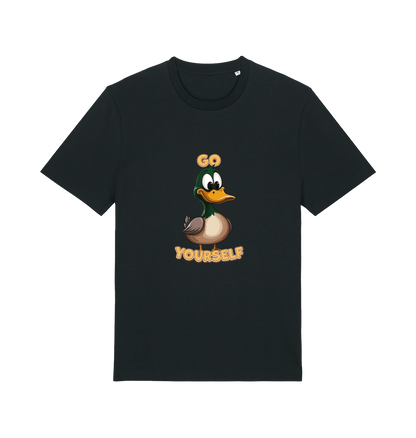 black funny offensive t-shirt with the graphic of a cartoon duck and the slogan 'duck yourself'