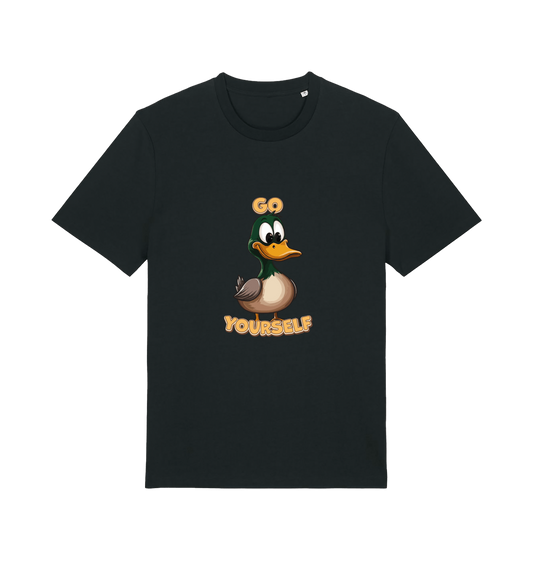 black funny offensive t-shirt with the graphic of a cartoon duck and the slogan 'duck yourself'
