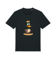 black funny offensive t-shirt with the graphic of a cartoon duck and the slogan 'duck yourself'