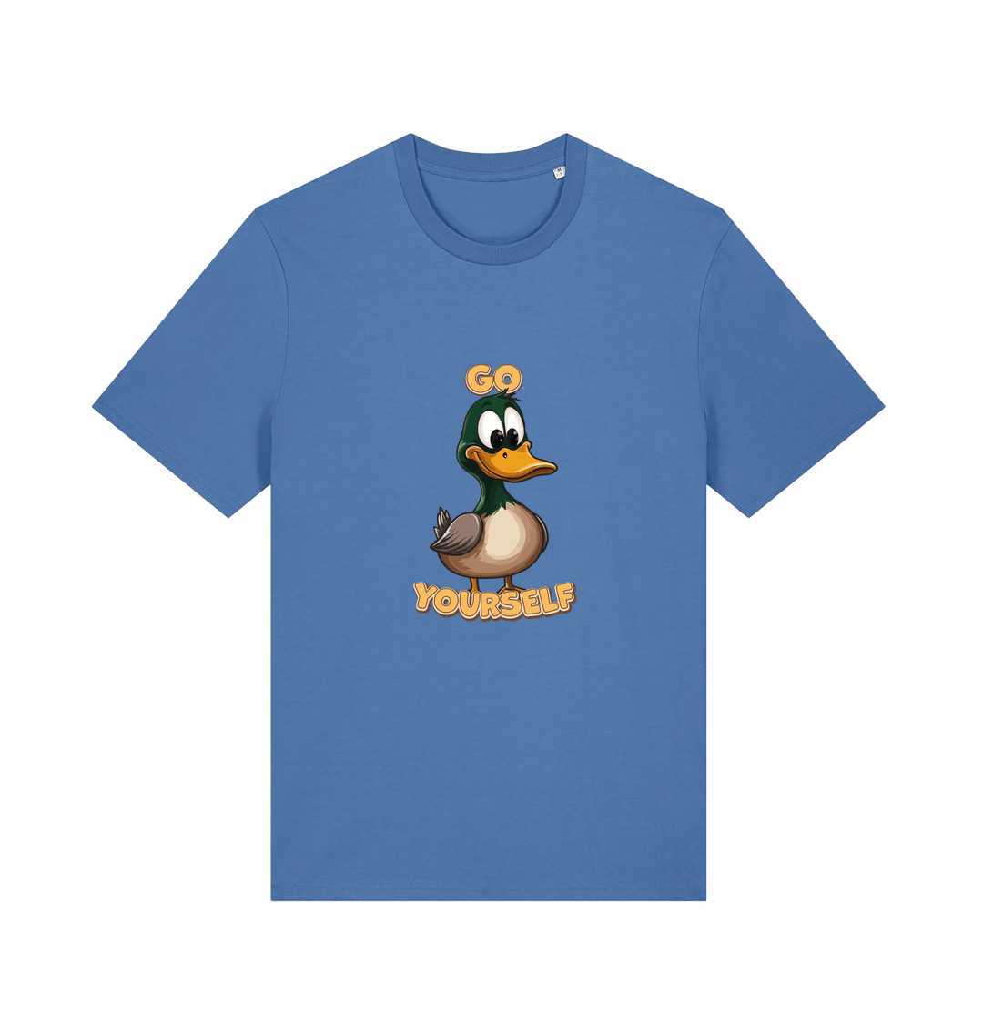 blue funny offensive t-shirt with the graphic of a cartoon duck and the slogan 'duck yourself'