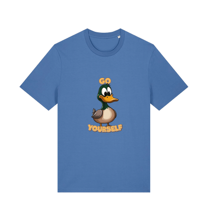 blue funny offensive t-shirt with the graphic of a cartoon duck and the slogan 'duck yourself'