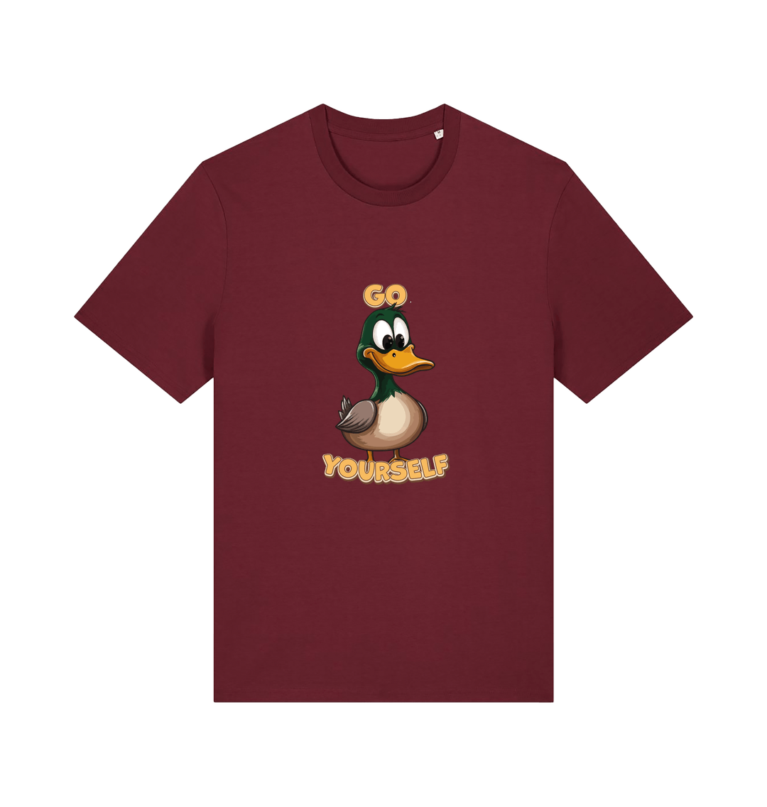 burgundy funny offensive t-shirt with the graphic of a cartoon duck and the slogan 'duck yourself'