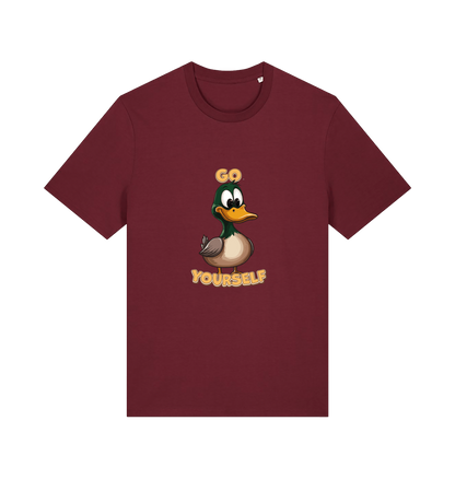 burgundy funny offensive t-shirt with the graphic of a cartoon duck and the slogan 'duck yourself'