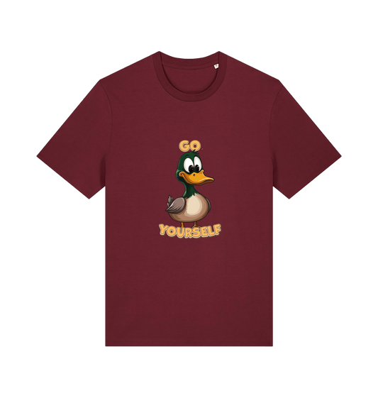 burgundy funny offensive t-shirt with the graphic of a cartoon duck and the slogan 'duck yourself'