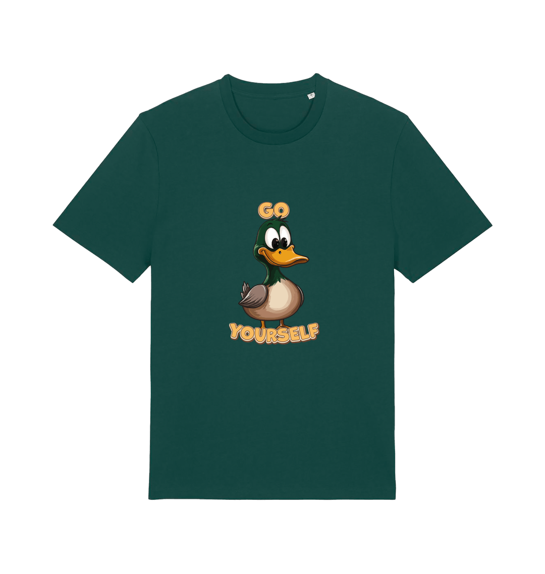 green funny offensive t-shirt with the graphic of a cartoon duck and the slogan 'duck yourself'