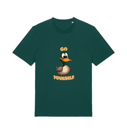 green funny offensive t-shirt with the graphic of a cartoon duck and the slogan 'duck yourself'